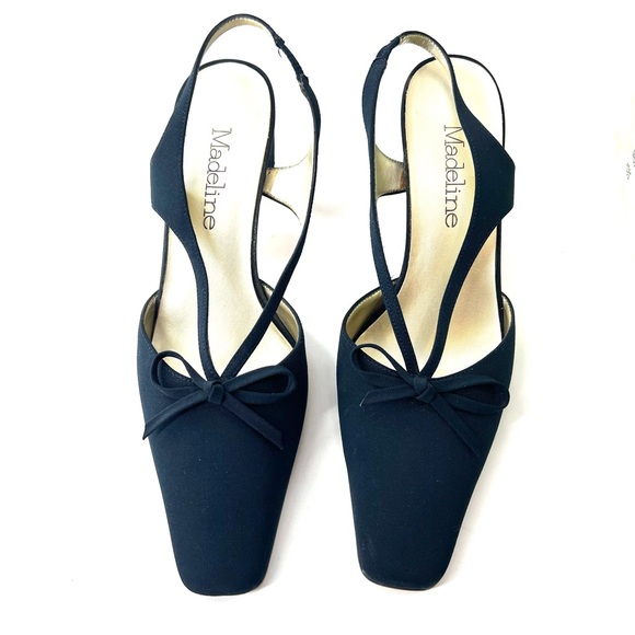 Y2K Madeline Bow Square Toe Sling Back Heels 8.5 navy Fabric Chunky Heel - Picture 7 of 15